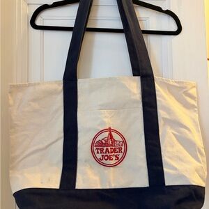 Trader Joe's Canvas Tote Bag in Natural and Navy with Red Logo